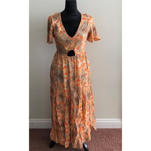 Land Of The Free Floral Print Orange & Beige Maxi‎ Dress With Cutout Size Small - Picture 1 of 9